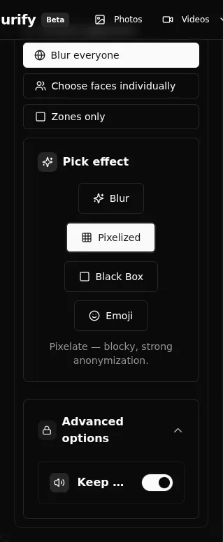 Panel de opciones avanzadas para anonimización de video