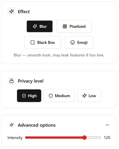 Effect selection panel in FaceBlurify