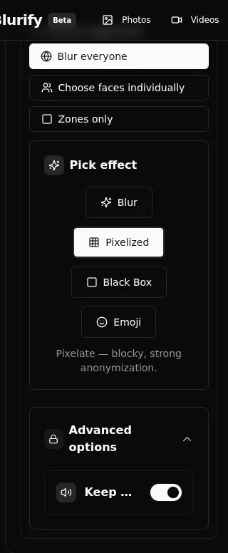 Option Conserver l'audio dans les réglages avancés FaceBlurify