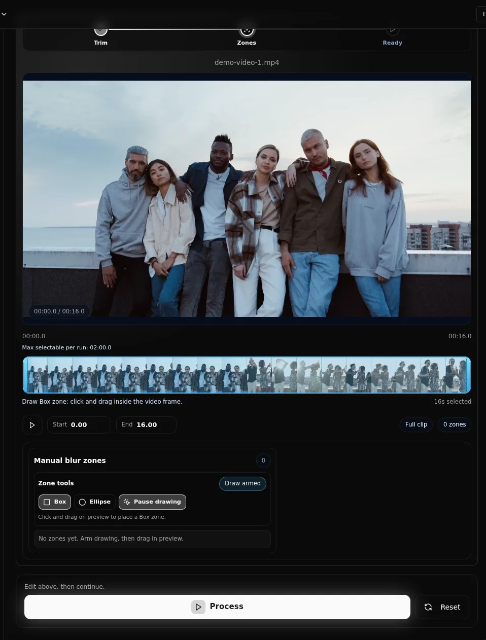 Editor de zonas manuales de FaceBlurify con herramientas caja y elipse