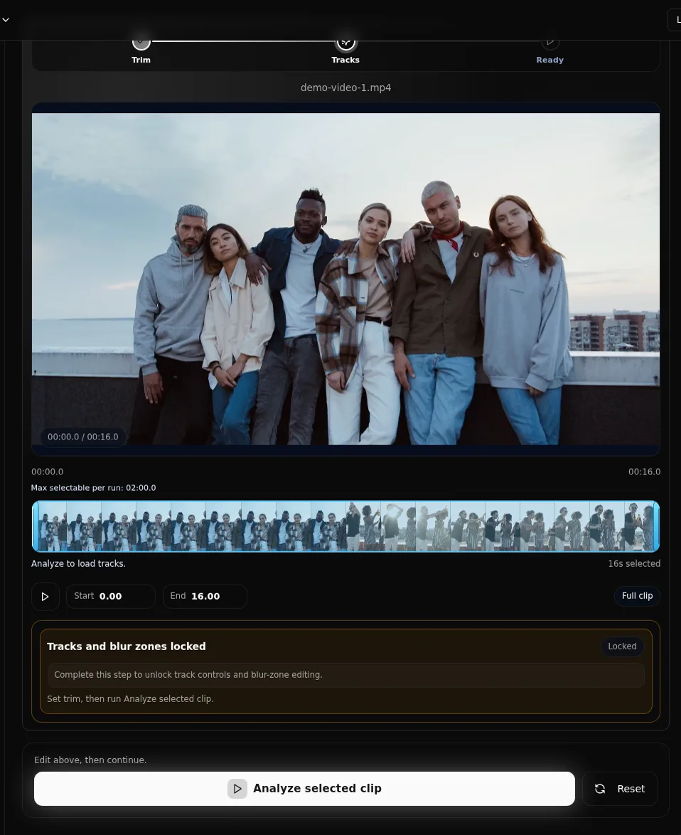 Flujo selectivo de FaceBlurify mostrando la etapa de análisis
