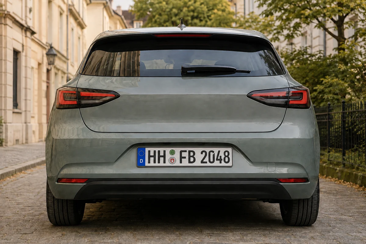 Arrière d’une voiture avec une plaque d’immatriculation européenne